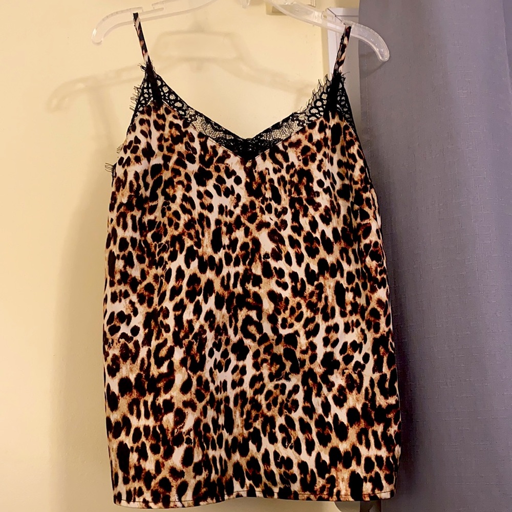 Lace-trimmed spaghetti strap tank. Cheetah print